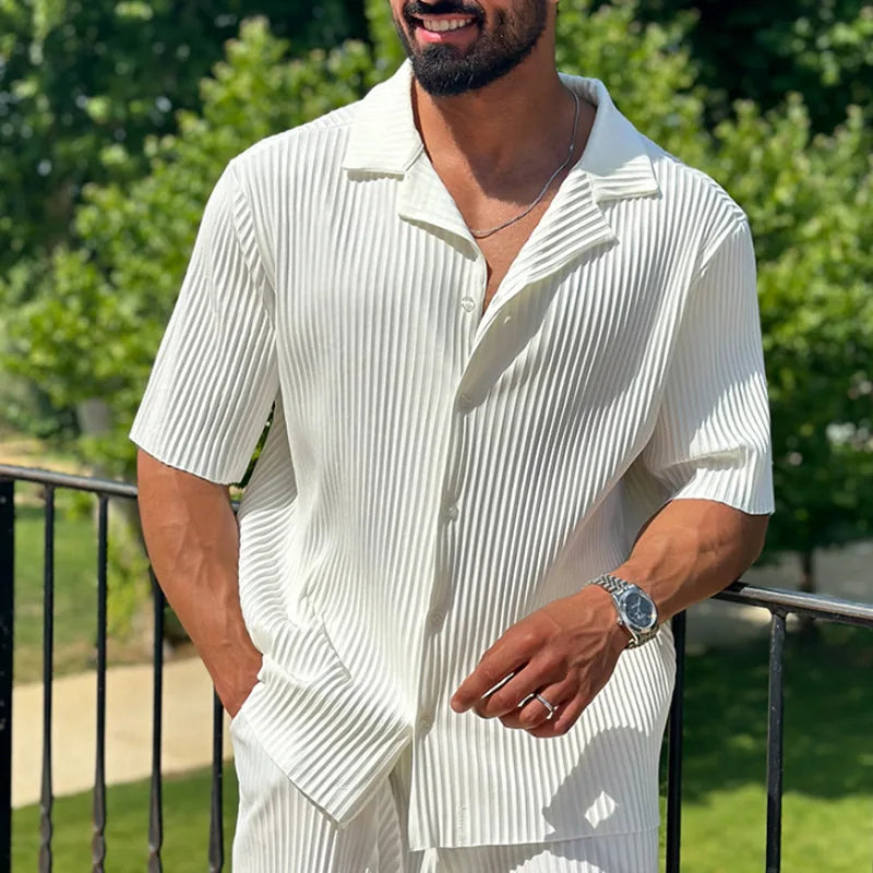 Pleated Camp Collar Shirt and Straight Leg Trousers Set