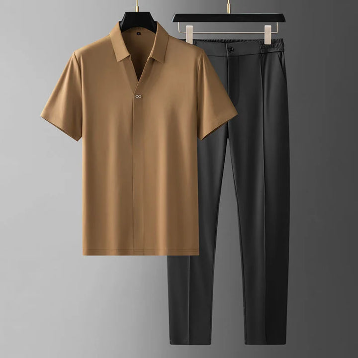 Short Sleeve Polo Shirt and Elastic Waist Trousers Set