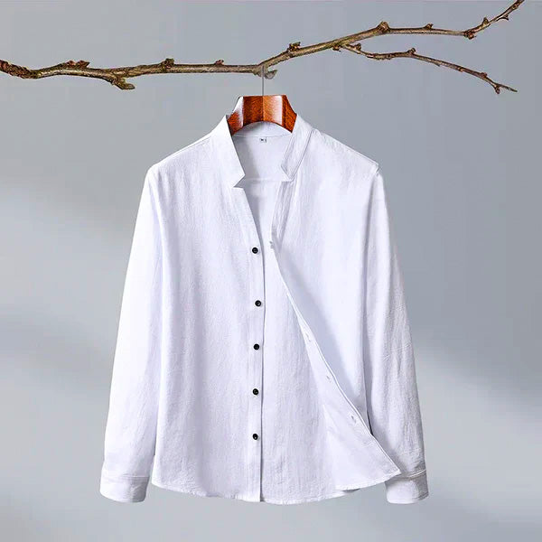 Mandarin Collar Linen-Look Shirt