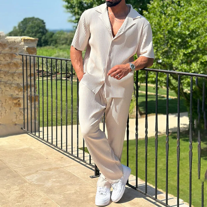 Pleated Camp Collar Shirt and Straight Leg Trousers Set