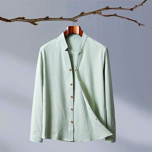 Mandarin Collar Linen-Look Shirt