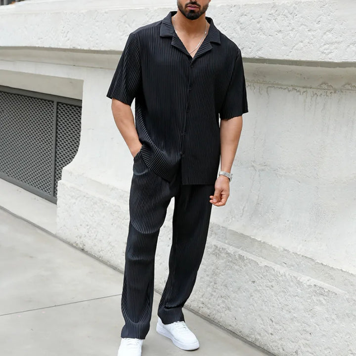 Pleated Camp Collar Shirt and Straight Leg Trousers Set