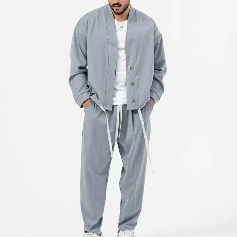 Button-Front Jacket and Drawstring Trousers Set