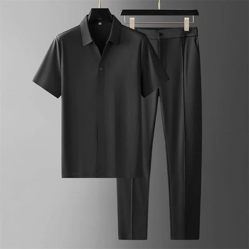 Short Sleeve Polo Shirt and Elastic Waist Trousers Set