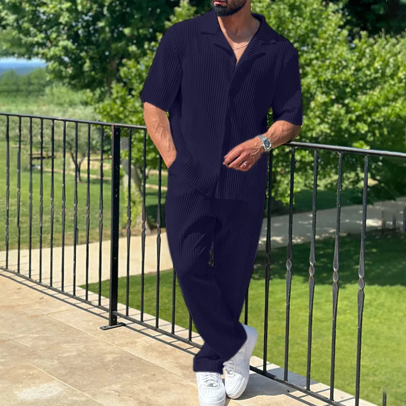 Pleated Camp Collar Shirt and Straight Leg Trousers Set