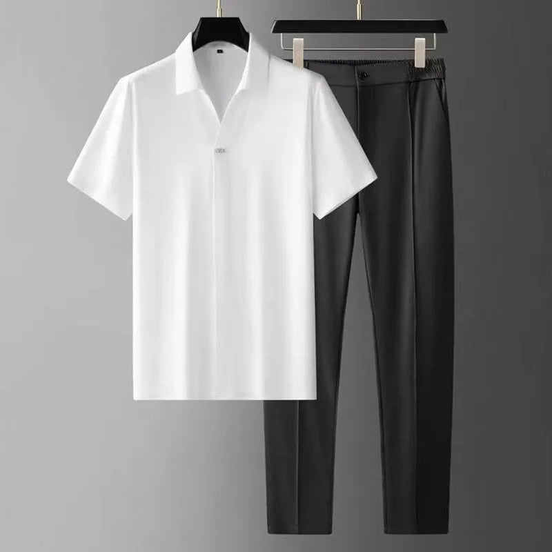 Short Sleeve Polo Shirt and Elastic Waist Trousers Set