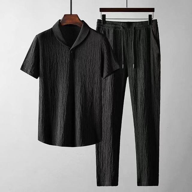 Textured Shawl Collar Top and Tapered Trousers Set