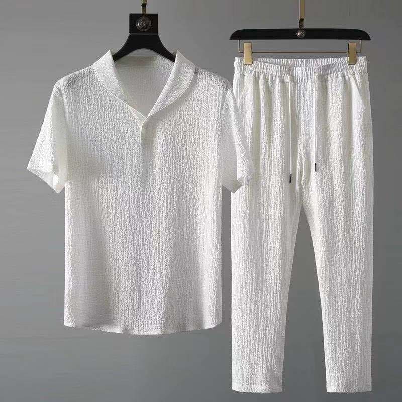 Textured Shawl Collar Top and Tapered Trousers Set