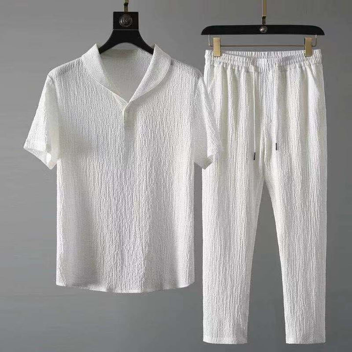 Textured Shawl Collar Top and Tapered Trousers Set
