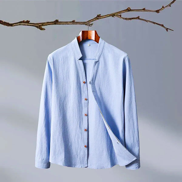 Mandarin Collar Linen-Look Shirt