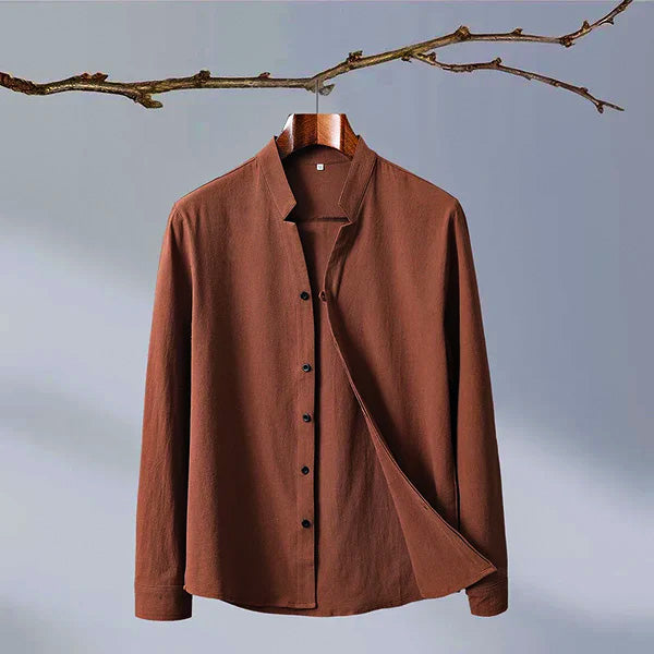 Mandarin Collar Linen-Look Shirt