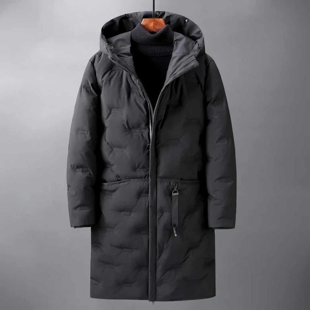 Amberley Fold - Long Hooded Puffer Parka Wave Quilting Drawcord Waist Zip Front