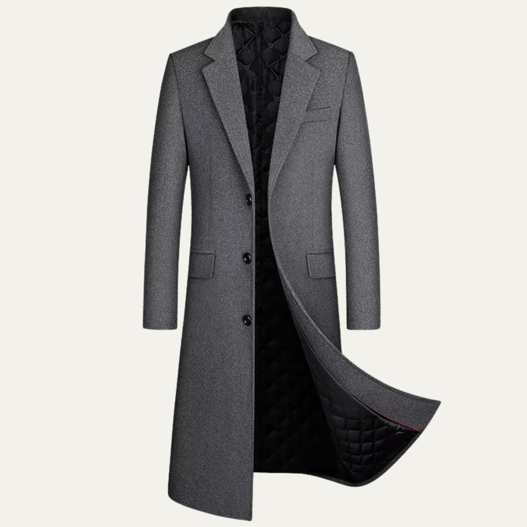 Ashcombe & Rye - Extra-Long Wool-Look Overcoat Notch Lapel Diamond-Quilted Lining