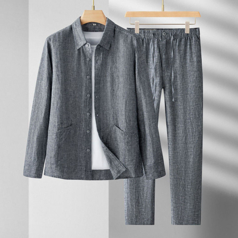 Linen-Look Long Sleeve Shirt and Trousers Set