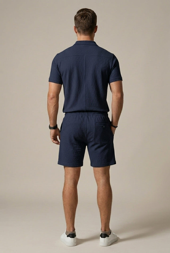 Textured Polo Shirt and Drawstring Shorts Set