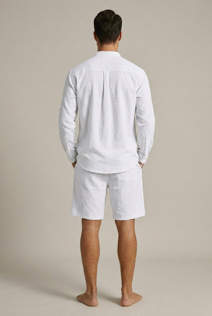 Band Collar Long Sleeve Shirt and Shorts Set