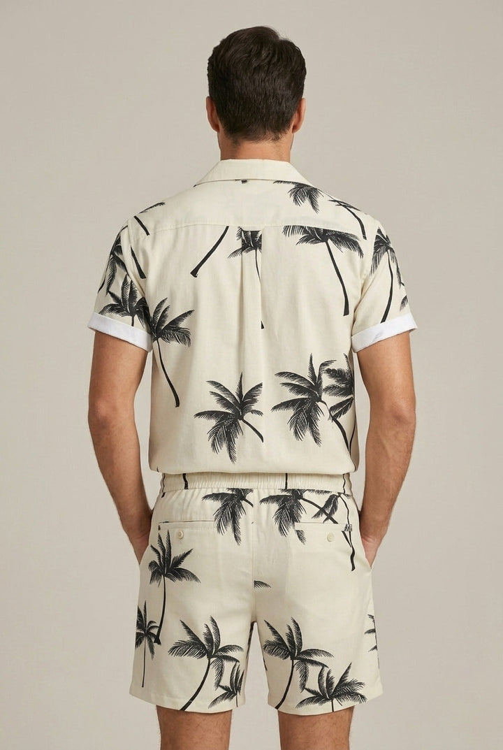 Palm Print Shirt and Drawstring Shorts Set