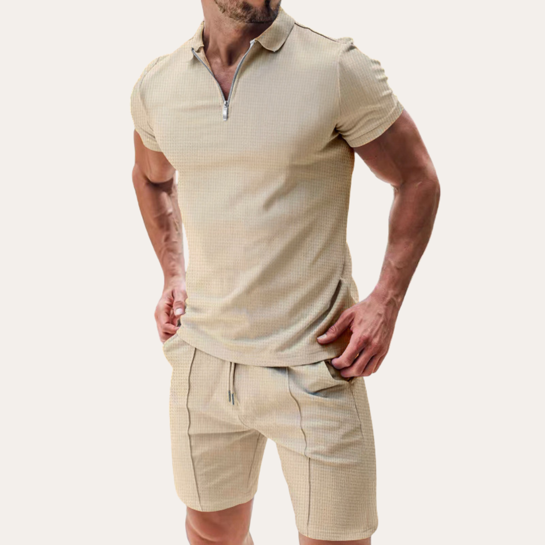 Zip Polo Shirt and Drawstring Shorts Set