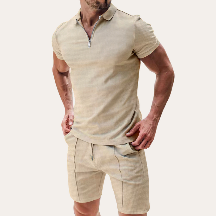 Zip Polo Shirt and Drawstring Shorts Set