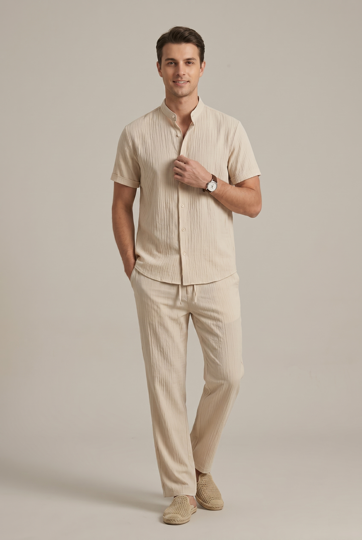 Striped Collared Shirt and Drawstring Trousers Set