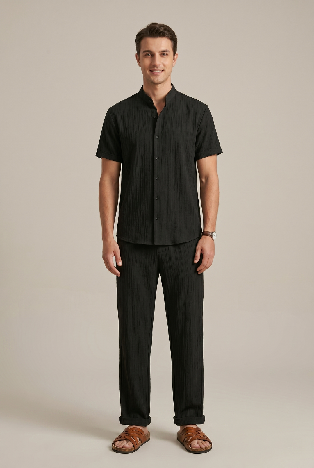 Striped Collared Shirt and Drawstring Trousers Set