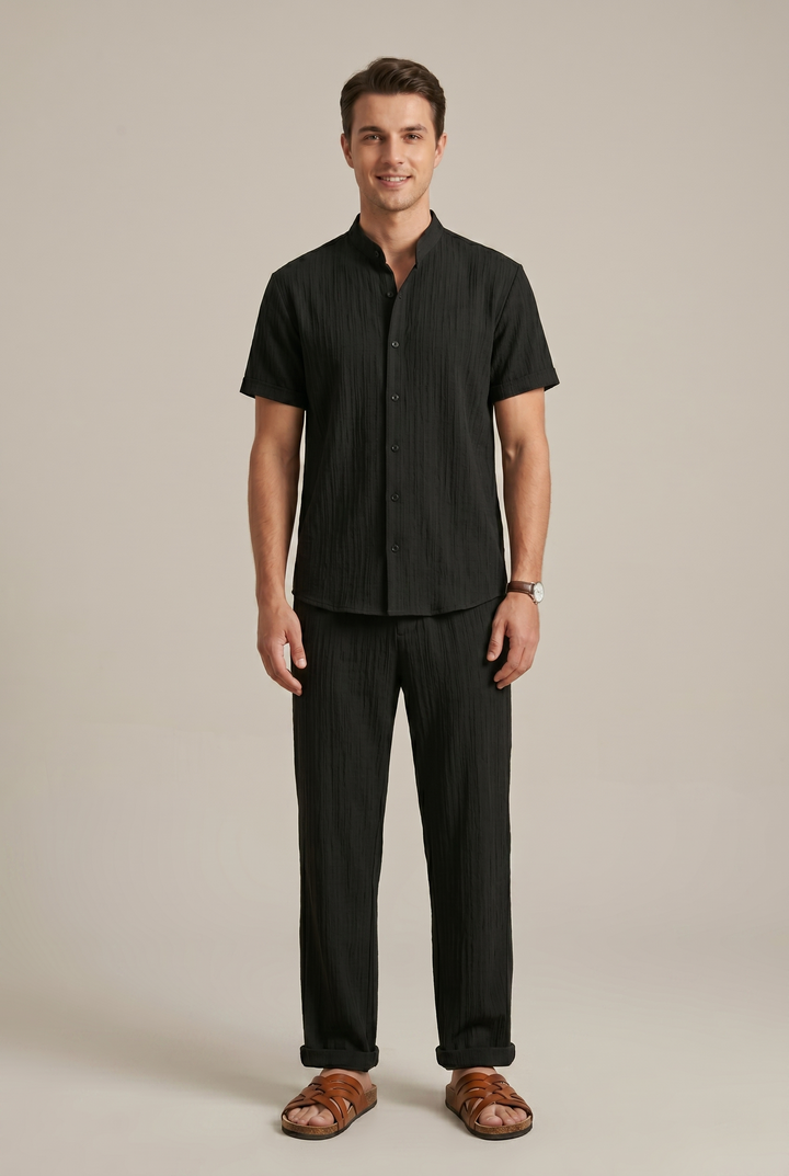 Striped Collared Shirt and Drawstring Trousers Set