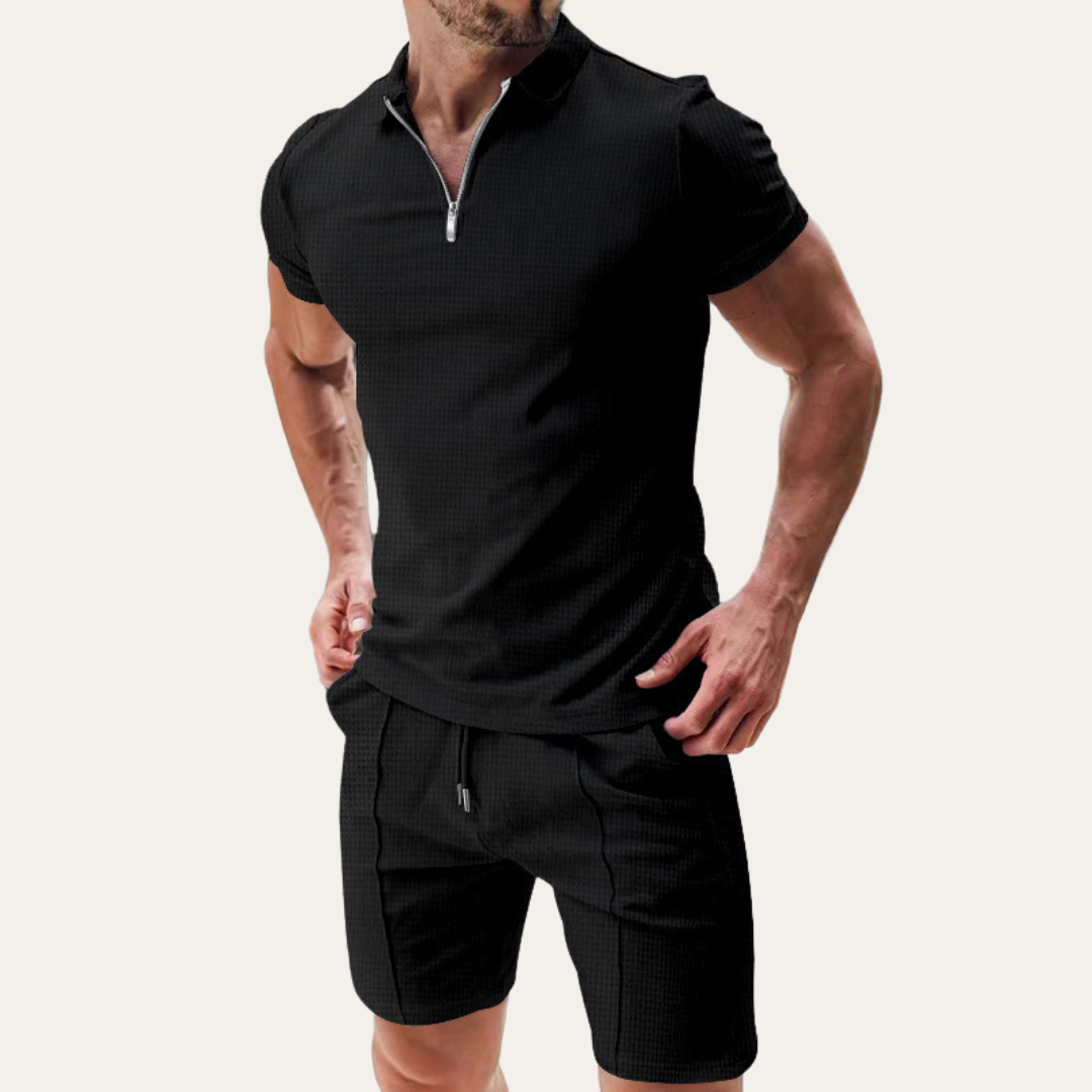 Zip Polo Shirt and Drawstring Shorts Set