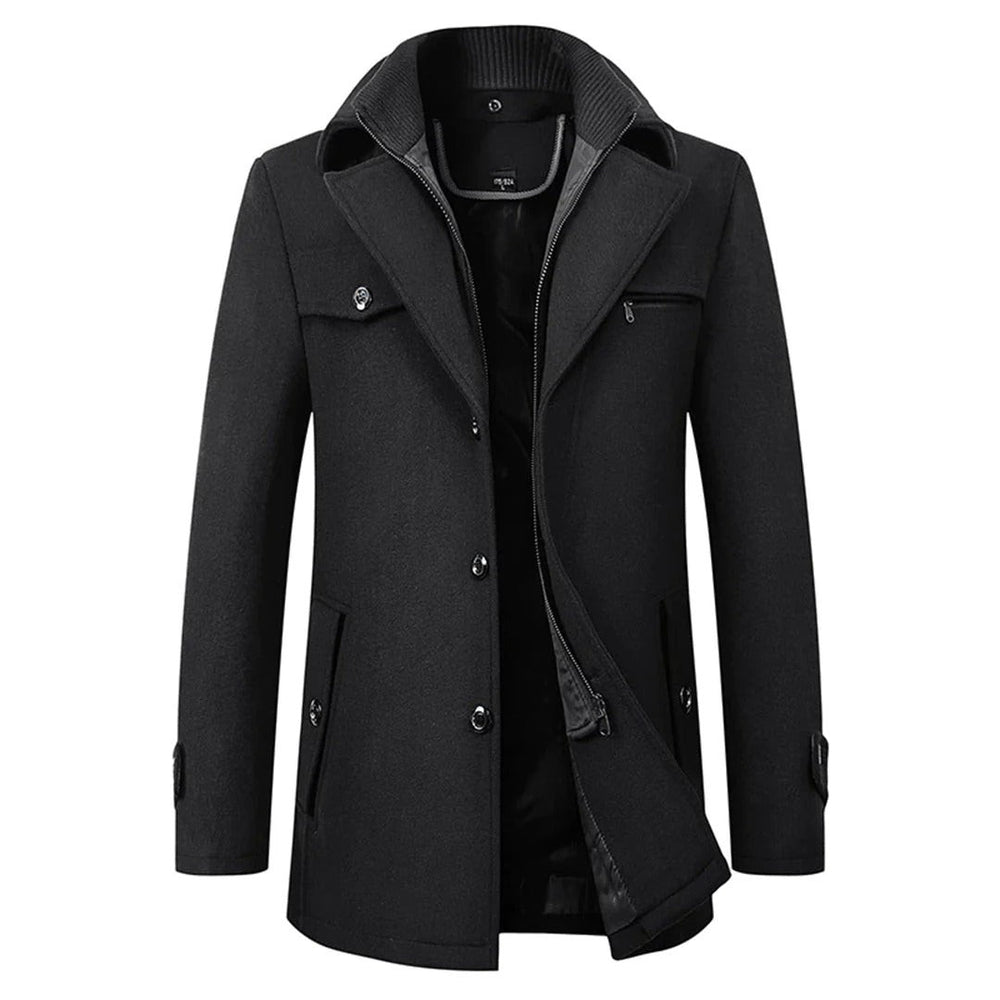Brindley & Co - Wool-Look Mid-Length Coat Shirt Collar Knit Collar Layer Button Front