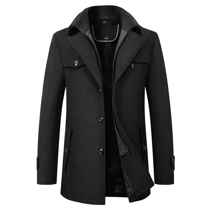 Brindley & Co - Wool-Look Mid-Length Coat Shirt Collar Knit Collar Layer Button Front