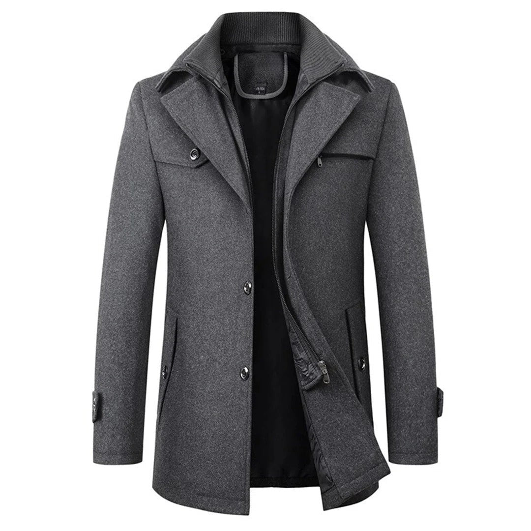 Brindley & Co - Wool-Look Mid-Length Coat Shirt Collar Knit Collar Layer Button Front