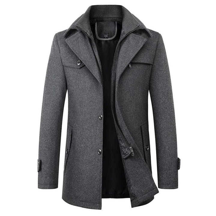 Brindley & Co - Wool-Look Mid-Length Coat Shirt Collar Knit Collar Layer Button Front