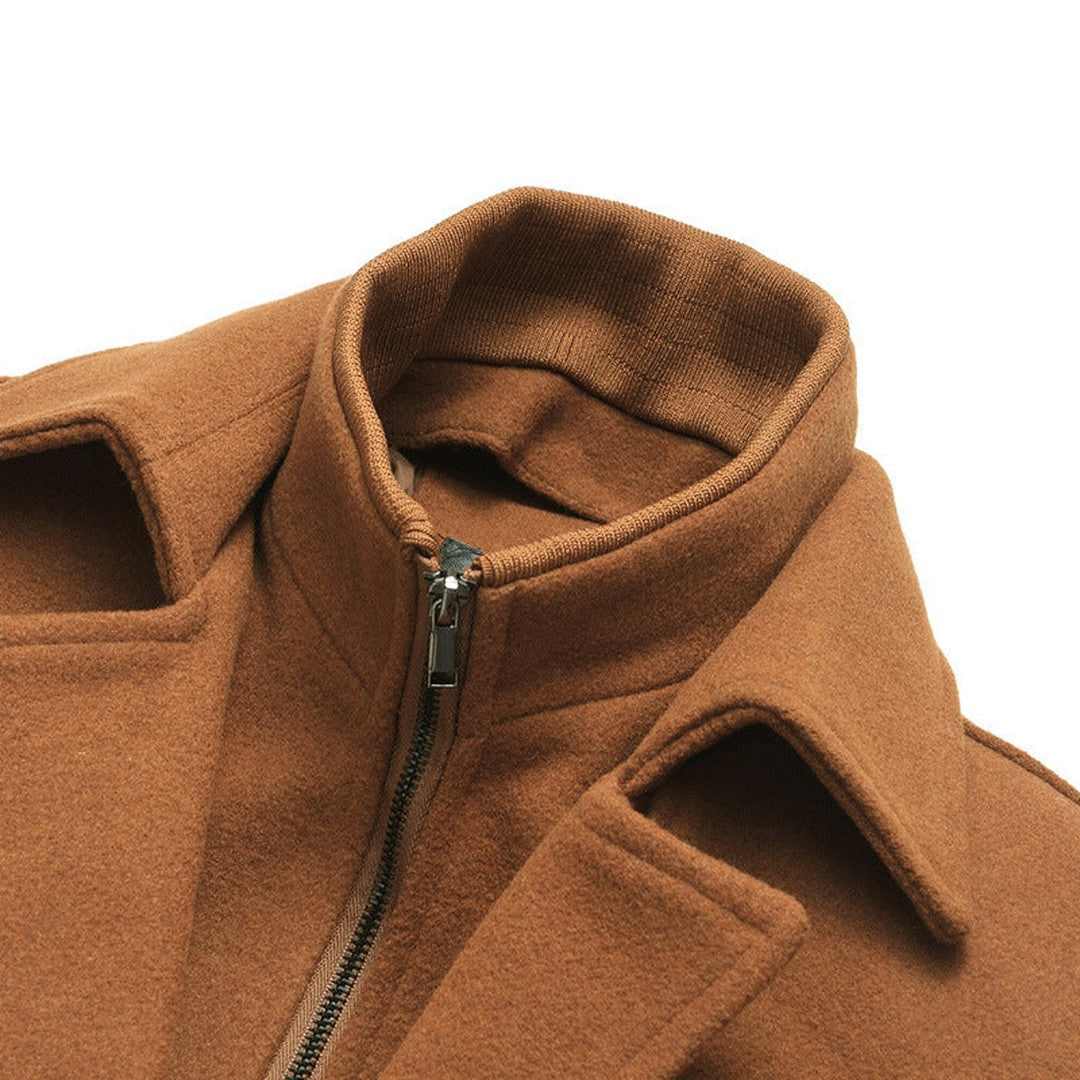 Brindley & Co - Wool-Look Mid-Length Coat Shirt Collar Knit Collar Layer Button Front