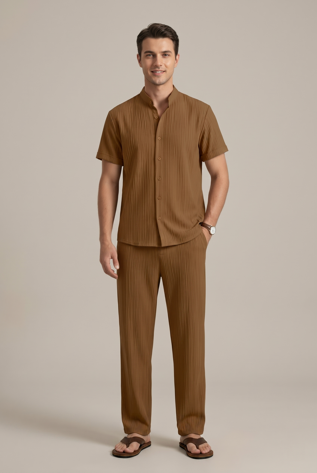 Striped Collared Shirt and Drawstring Trousers Set