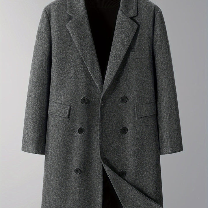 Burnhaven - Wool-Look Long Coat Double-Breasted Notch Lapel Flap Pockets