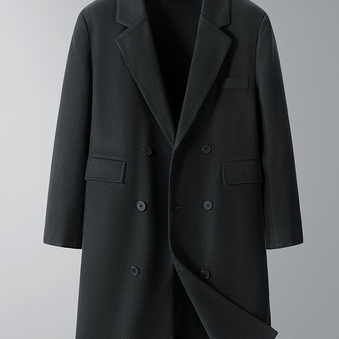 Burnhaven - Wool-Look Long Coat Double-Breasted Notch Lapel Flap Pockets