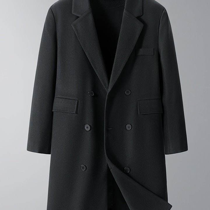 Burnhaven - Wool-Look Long Coat Double-Breasted Notch Lapel Flap Pockets