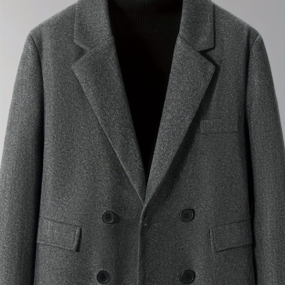 Burnhaven - Wool-Look Long Coat Double-Breasted Notch Lapel Flap Pockets