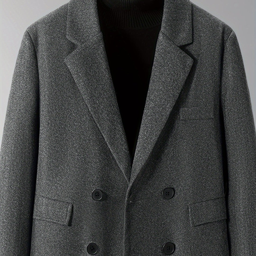 Burnhaven - Wool-Look Long Coat Double-Breasted Notch Lapel Flap Pockets
