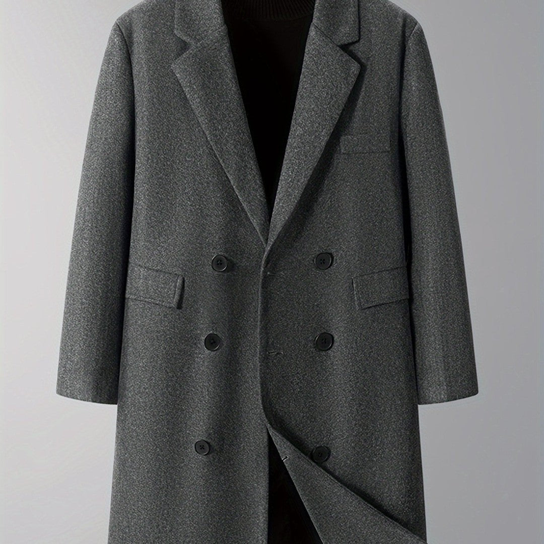 Burnhaven - Wool-Look Long Coat Double-Breasted Notch Lapel Flap Pockets