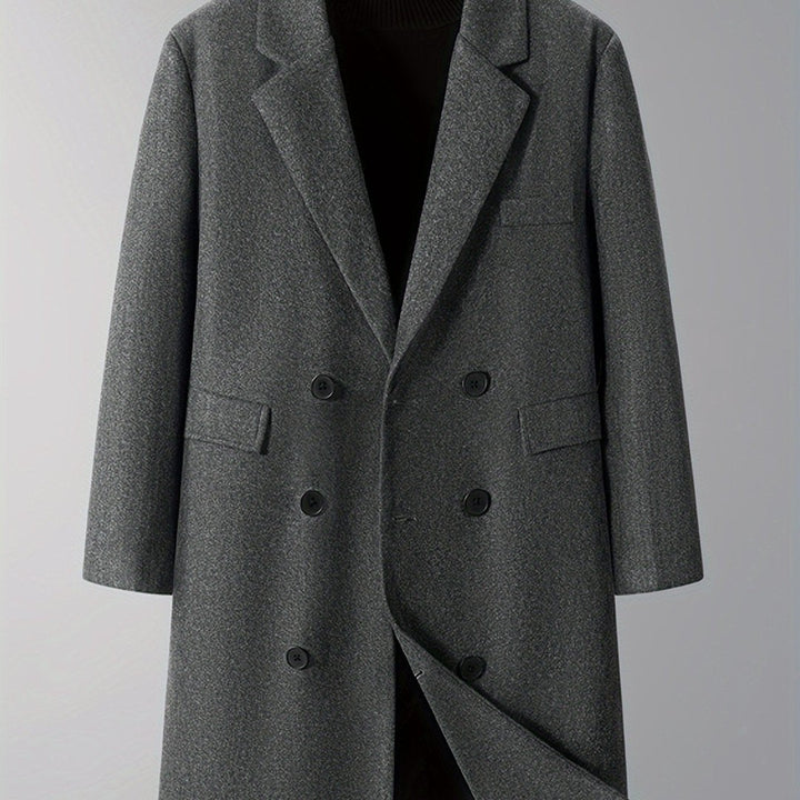 Burnhaven - Wool-Look Long Coat Double-Breasted Notch Lapel Flap Pockets