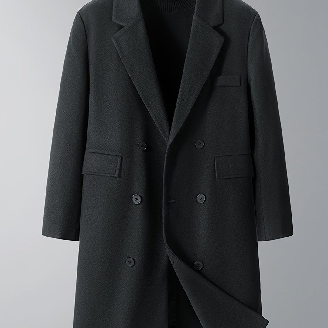 Burnhaven - Wool-Look Long Coat Double-Breasted Notch Lapel Flap Pockets