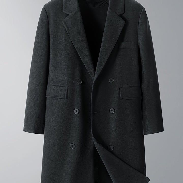 Burnhaven - Wool-Look Long Coat Double-Breasted Notch Lapel Flap Pockets