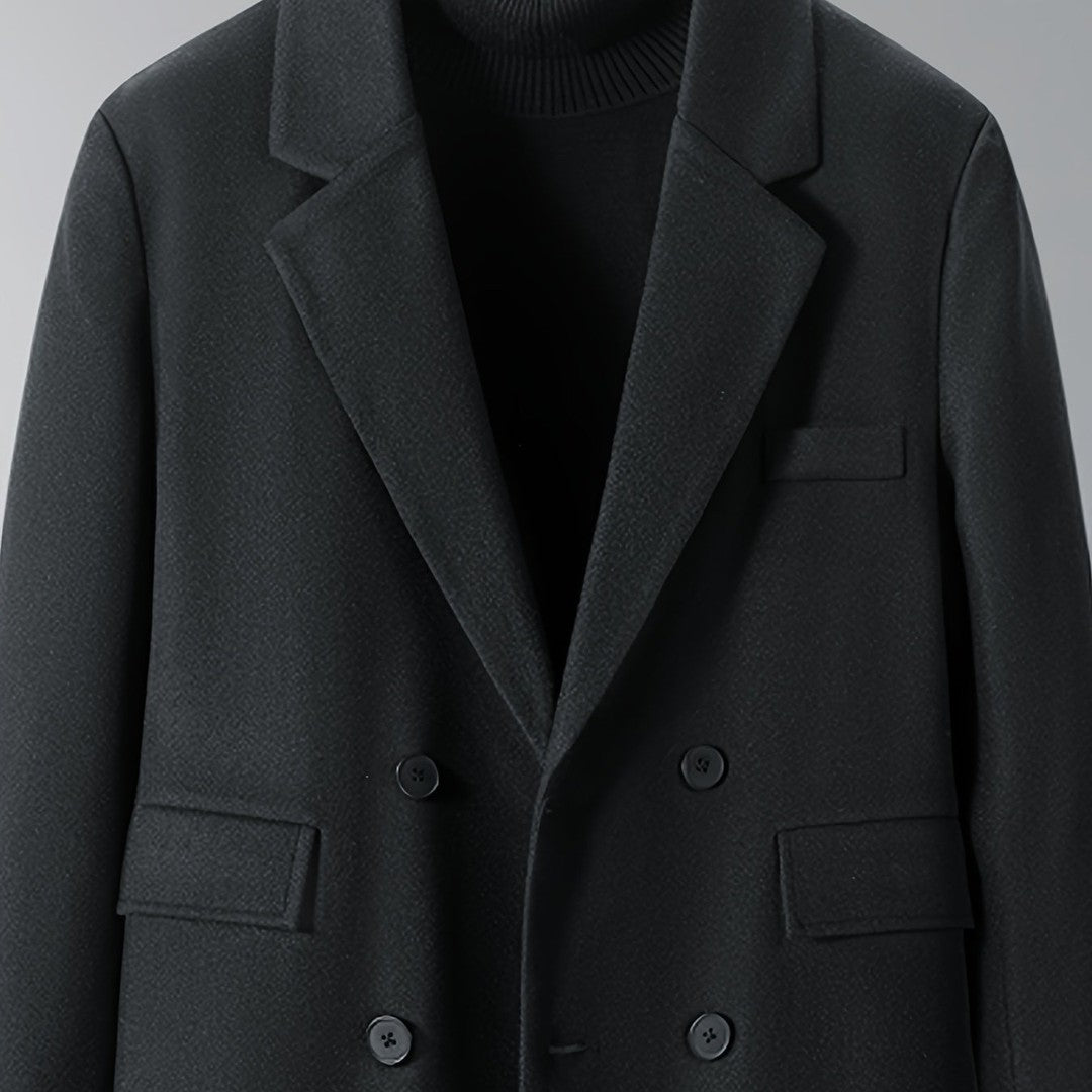 Burnhaven - Wool-Look Long Coat Double-Breasted Notch Lapel Flap Pockets