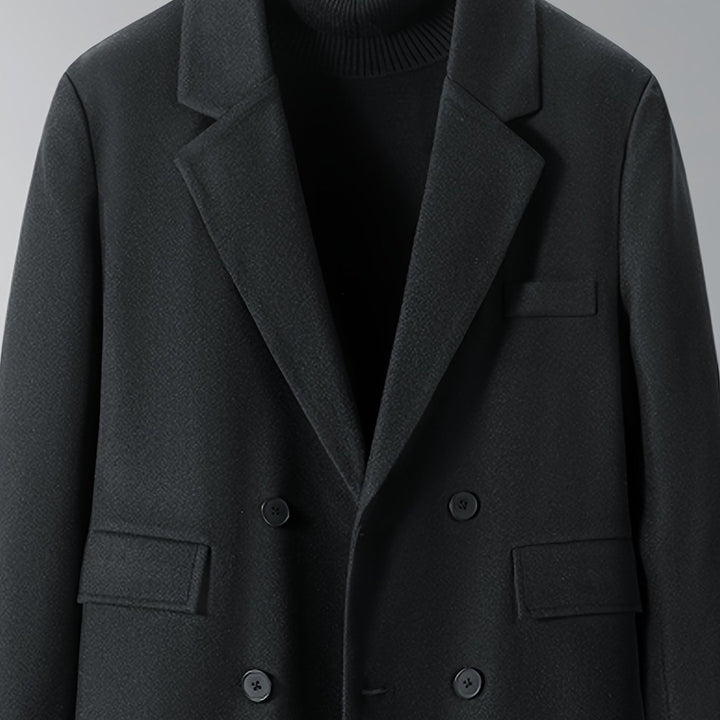 Burnhaven - Wool-Look Long Coat Double-Breasted Notch Lapel Flap Pockets