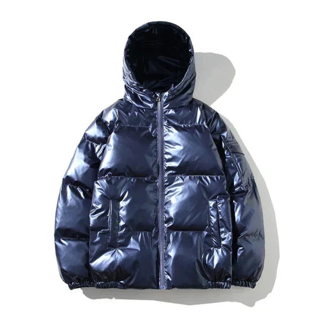 Calverton Wharf - High-Shine Metallic Puffer Jacket Hooded Or Stand Collar Zip Front