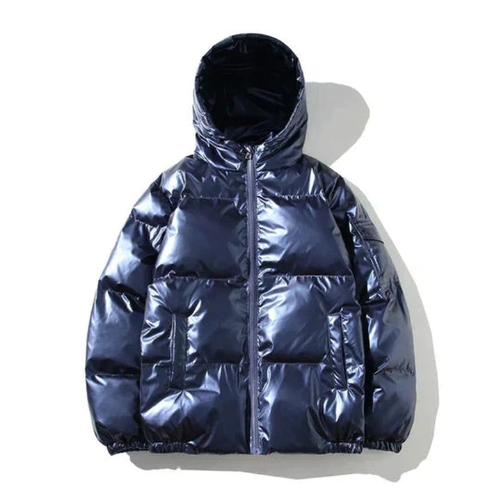 Calverton Wharf - High-Shine Metallic Puffer Jacket Hooded Or Stand Collar Zip Front