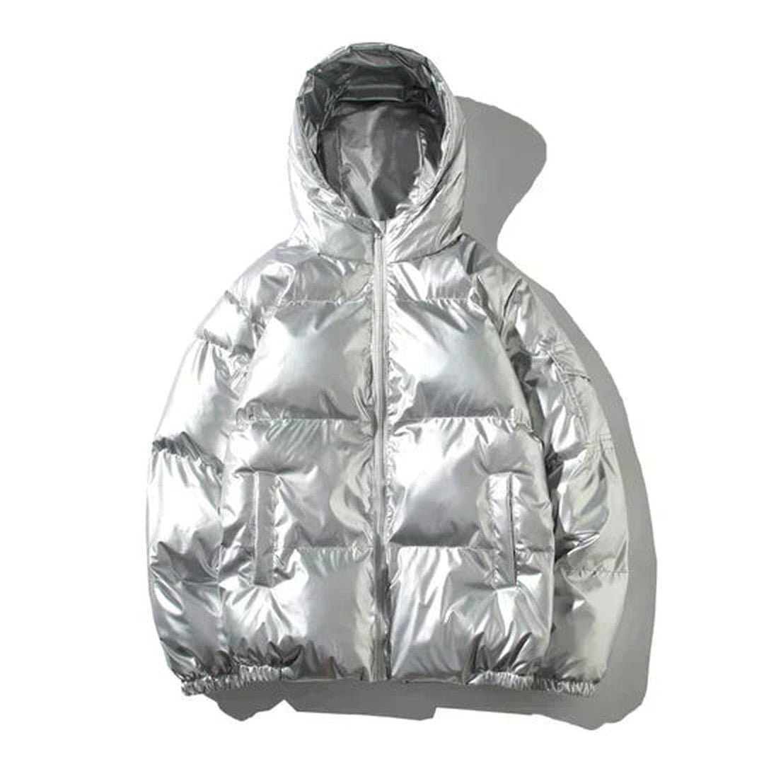 Calverton Wharf - High-Shine Metallic Puffer Jacket Hooded Or Stand Collar Zip Front