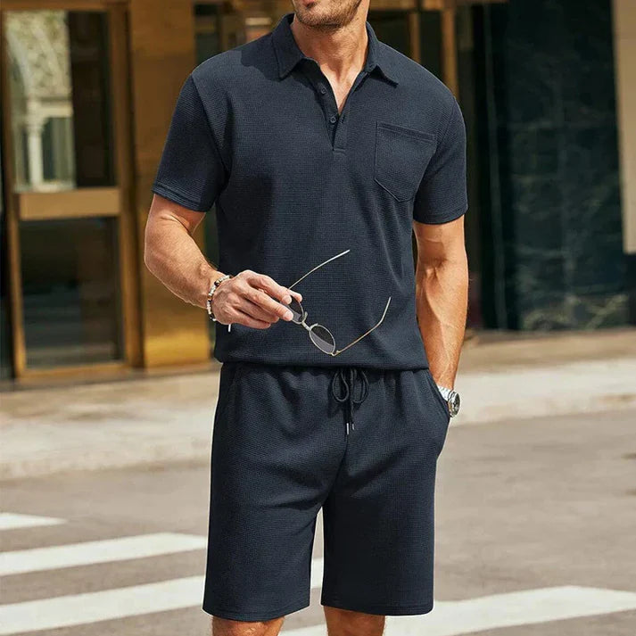 Textured Polo Shirt and Drawstring Shorts Set