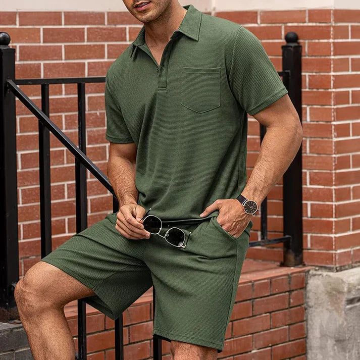 Textured Polo Shirt and Drawstring Shorts Set
