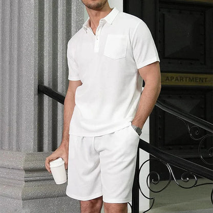 Textured Polo Shirt and Drawstring Shorts Set